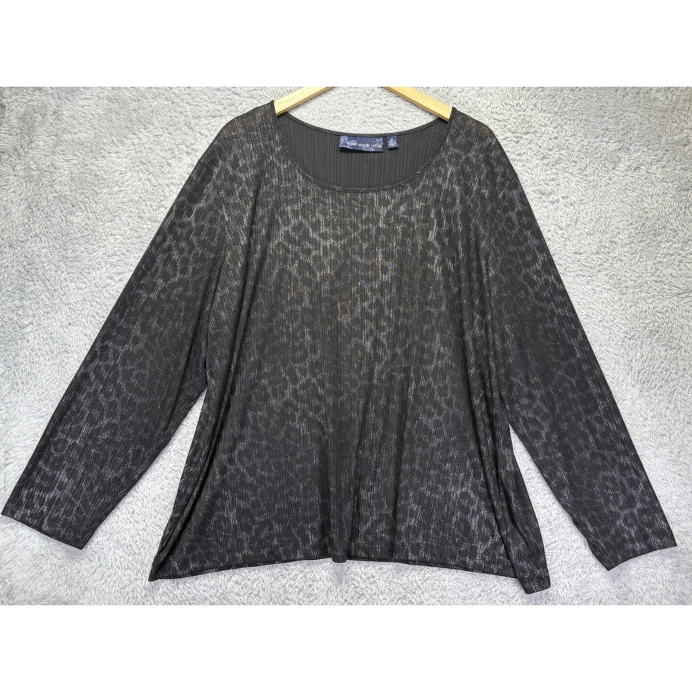 Susan Graver Liquid Knit Tunic Top Black Animal Print Scoop Neck Sheer 3X - Picture 4 of 8